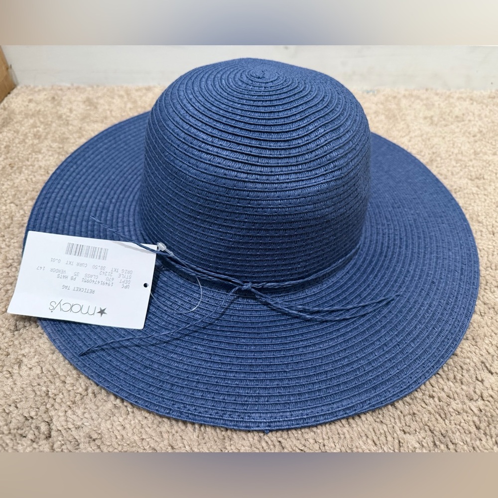 “New” Style & Co Macy's Navy Wide-Brim Straw Sun Hat with Bow Trim